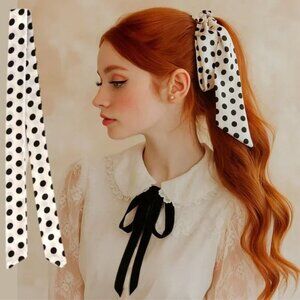 Polka Dot Slim Silk Bag Scarf 34in White Black Retro Coquette Pinup Style NEW